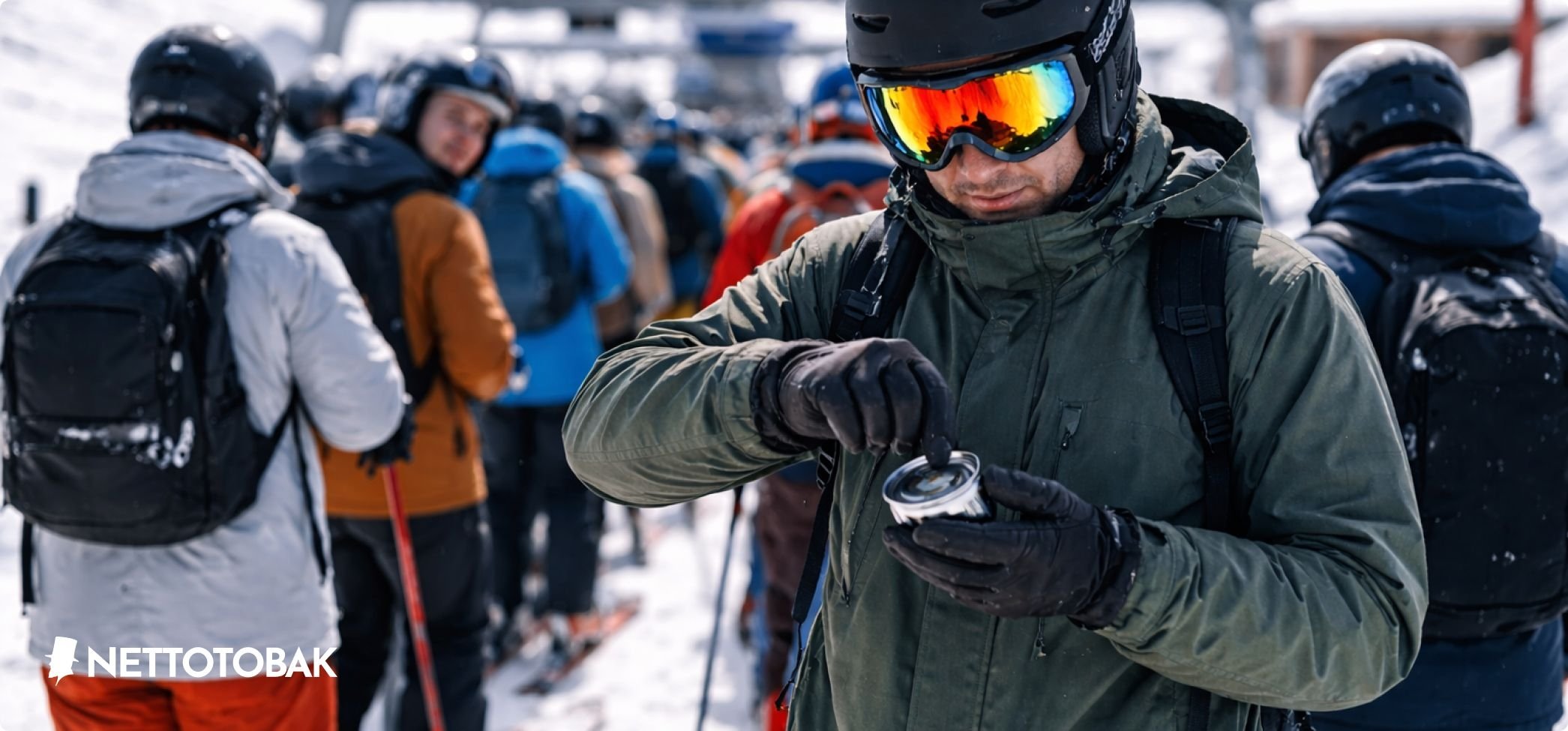 Snusetikett - Man som snusar mitt i liftkön
