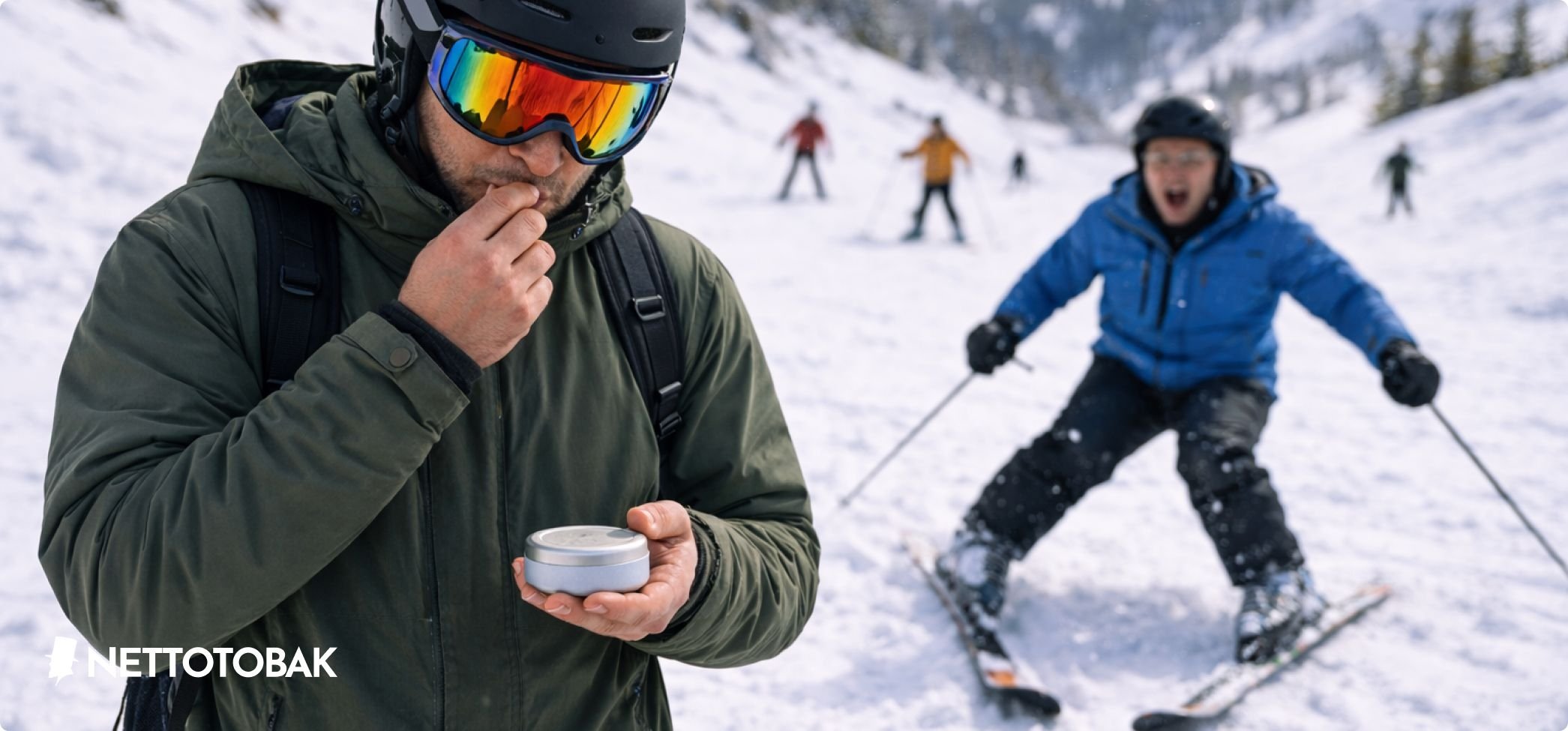 Man som snusar mitt i backen och blir påkörd av nybörjare