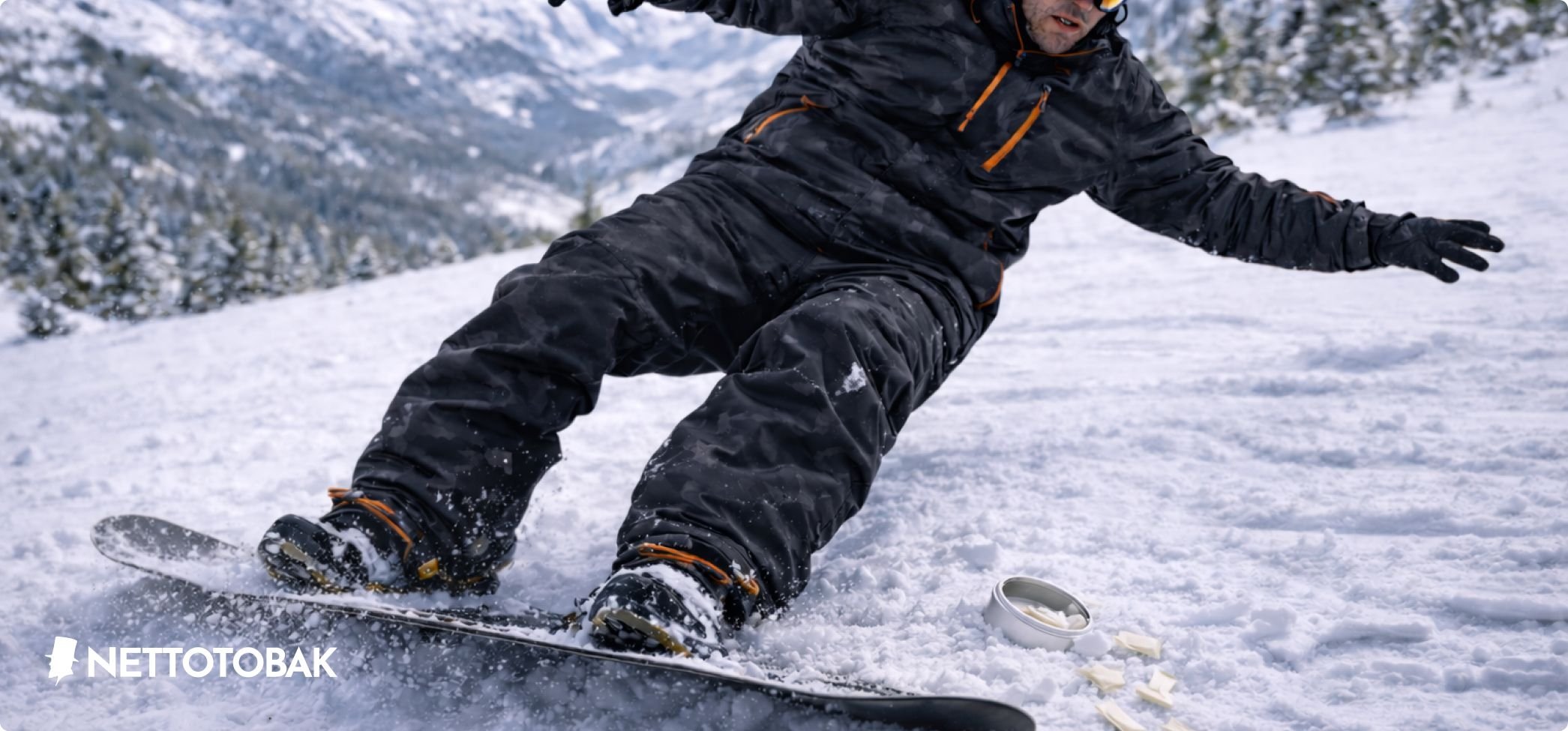 Snowboarder som ramlar när han försöker snusa när han åker