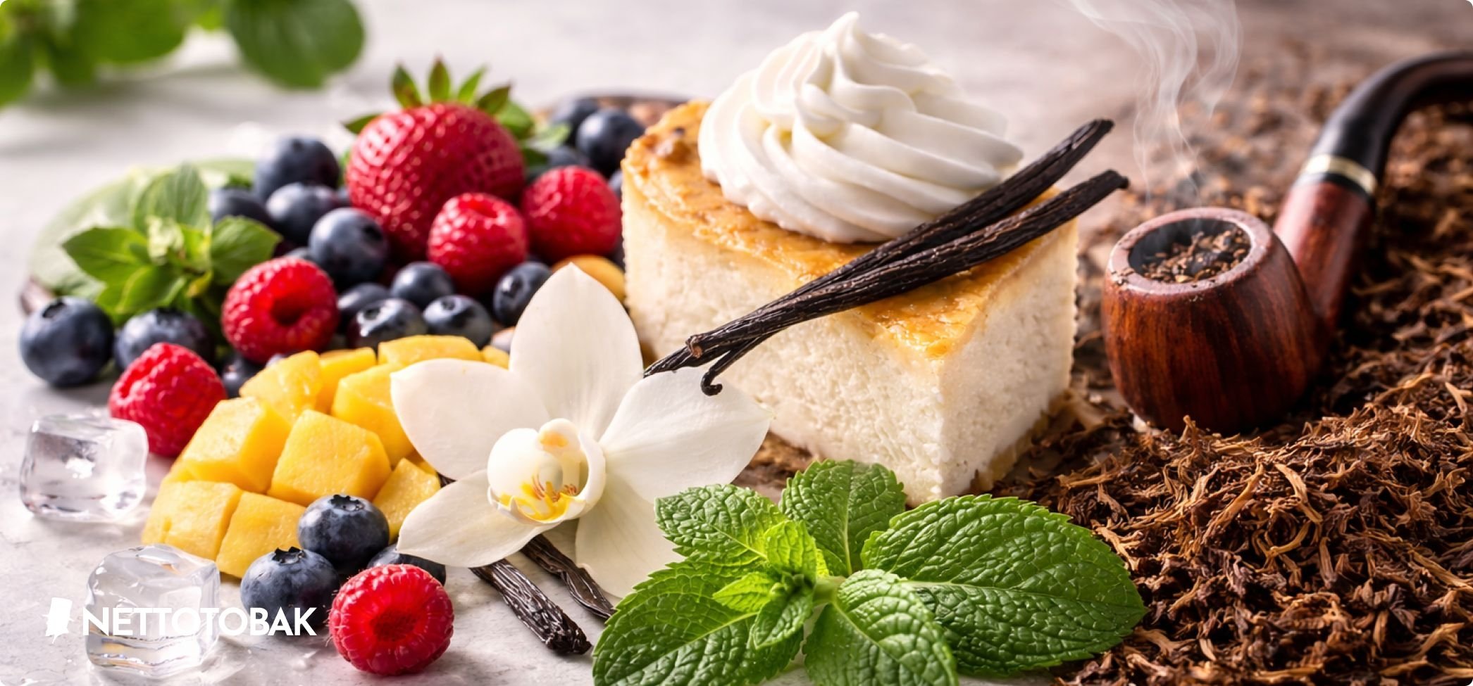 Vape smaker - frukter och mint och desserter på ett bord