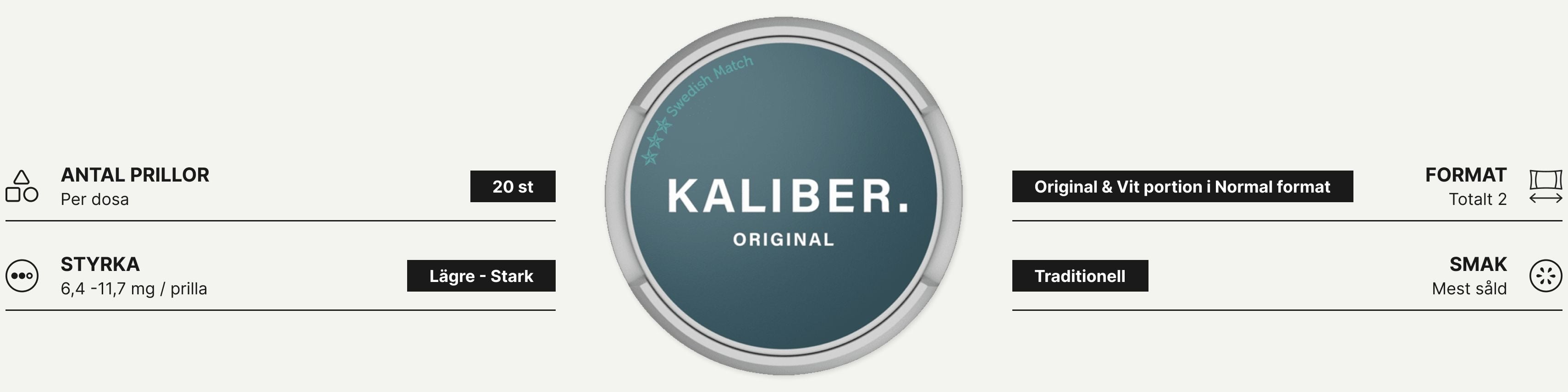 Dosa som visar Kaliber snus med information på sidorna