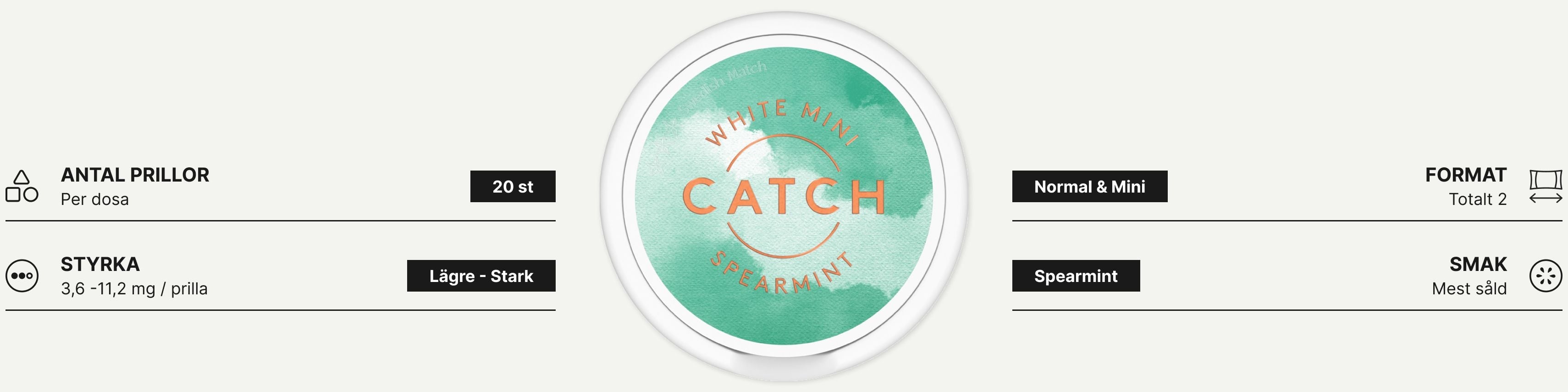 Dosa som visar Catch snus och information om märket på sidan