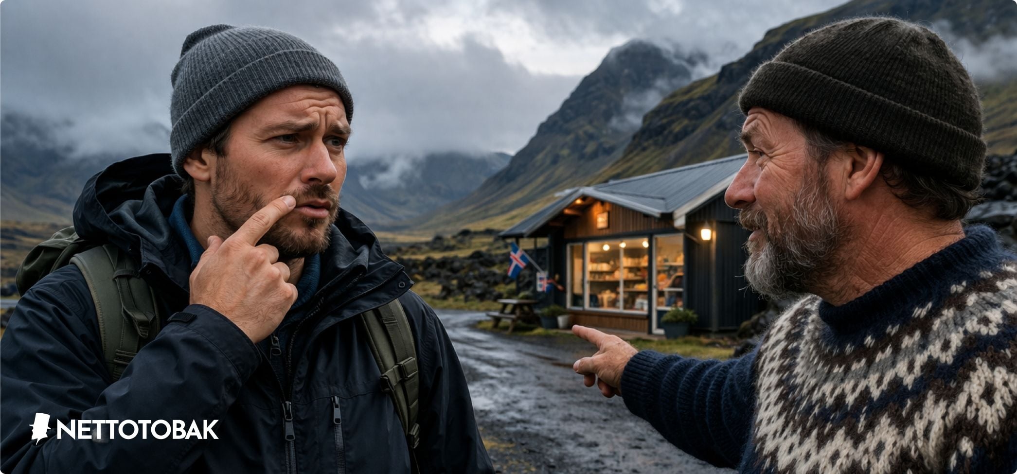 Svensk turist på Island som frågar islänning var man kan köpa snus - snus på island