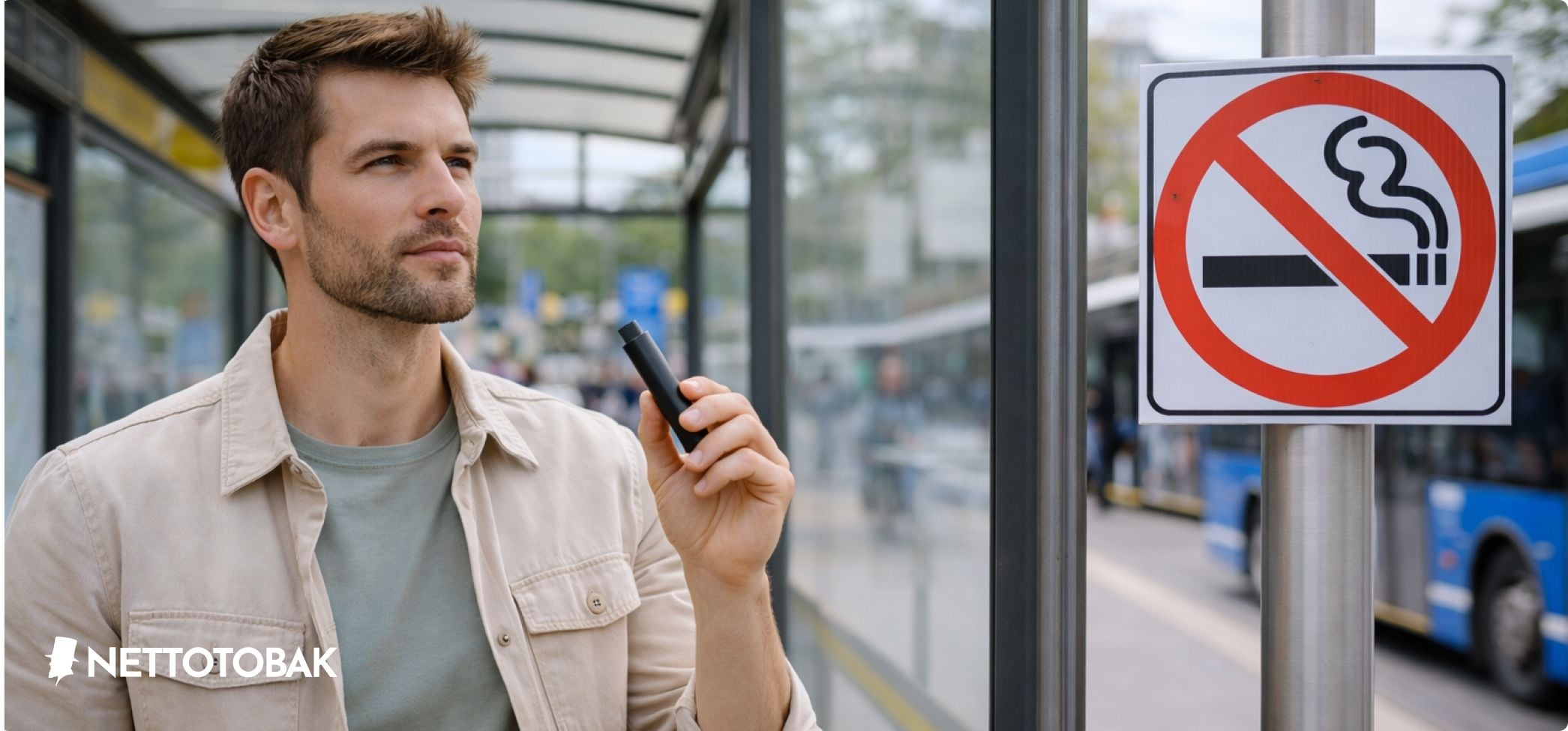 En man som vejpar i en busshållsplats där det är rökförbud