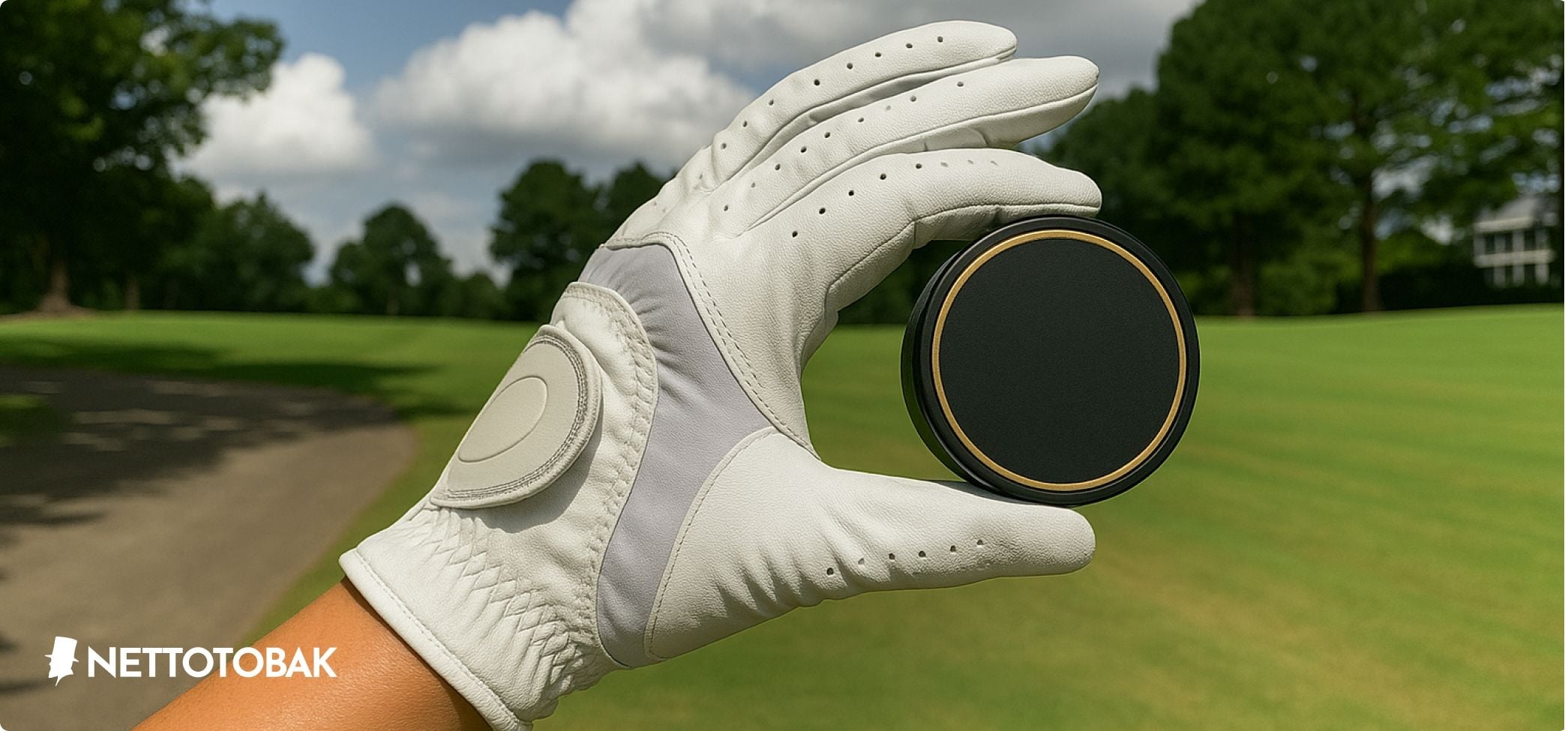 en hand med golfhandske håller i en snusdosa på golfbanan