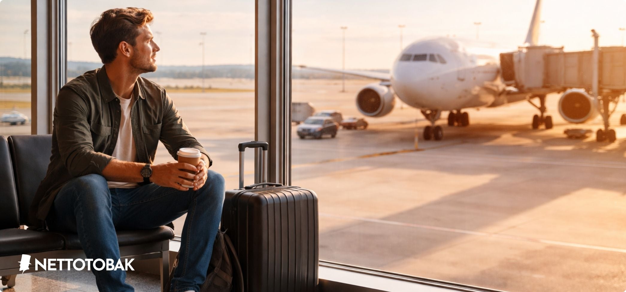 Man som väntar på sitt flygplan med snus i handbagage