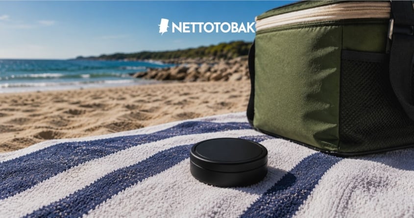 Snus på en handduk med en kylväska på stranden