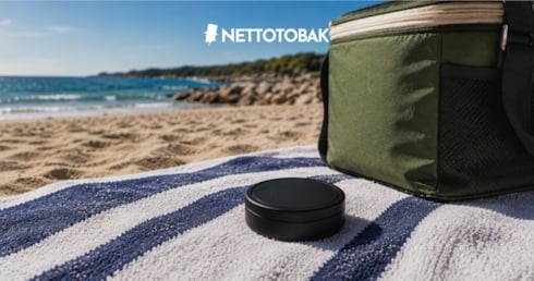 Snus på en handduk med en kylväska på stranden
