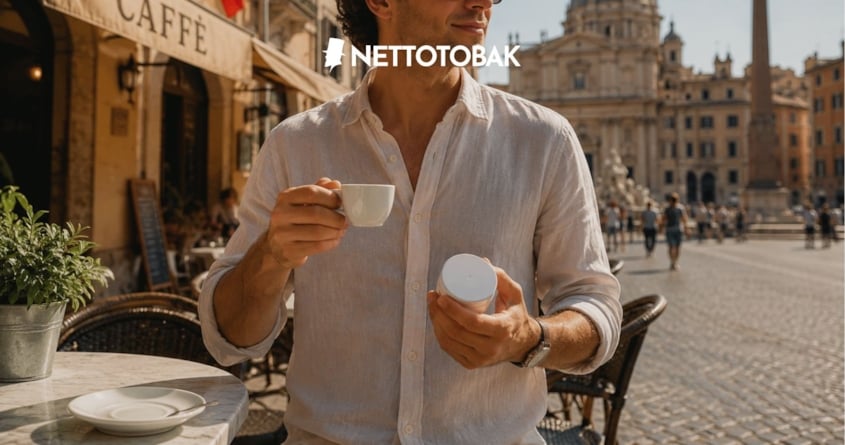 Man som håller i en espresso och en snusdosa - snus i Italien