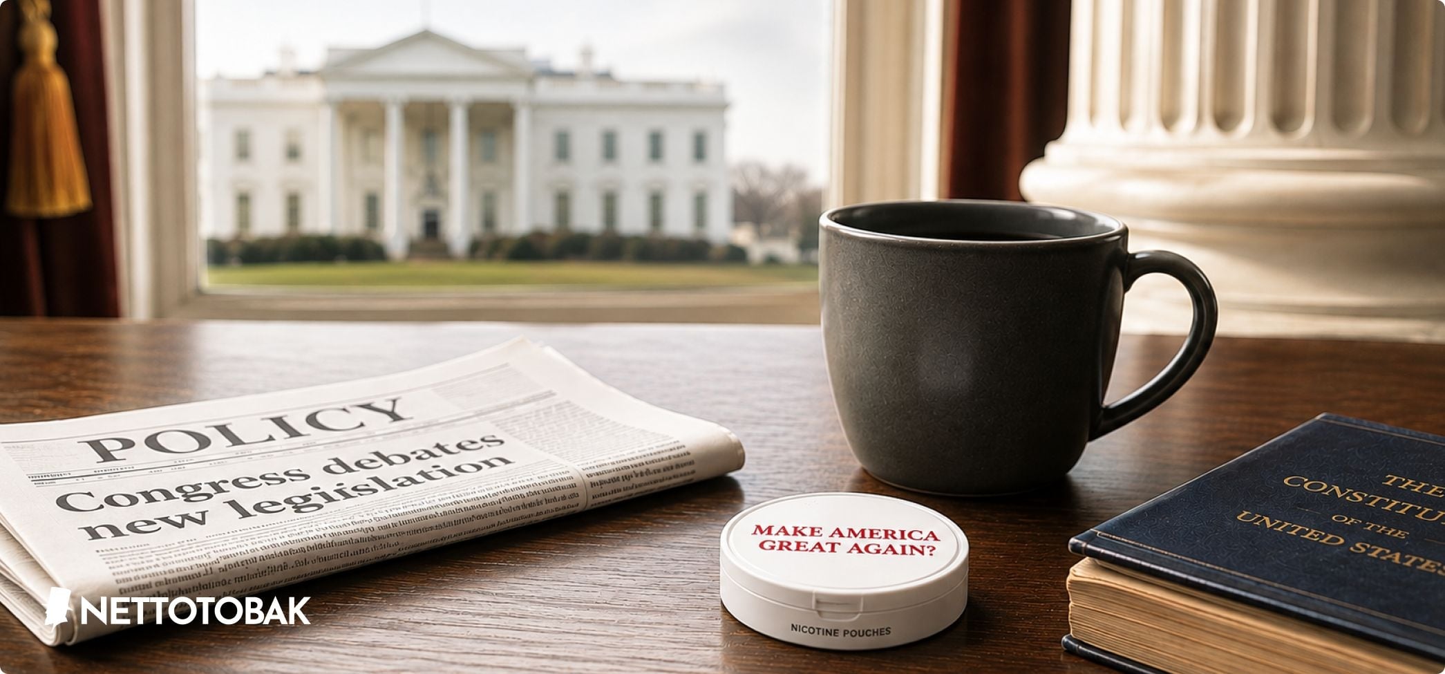 Vitt snus på ett bord med texten "MAKE AMERICA GREAT AGAIN?", vy över vita huset